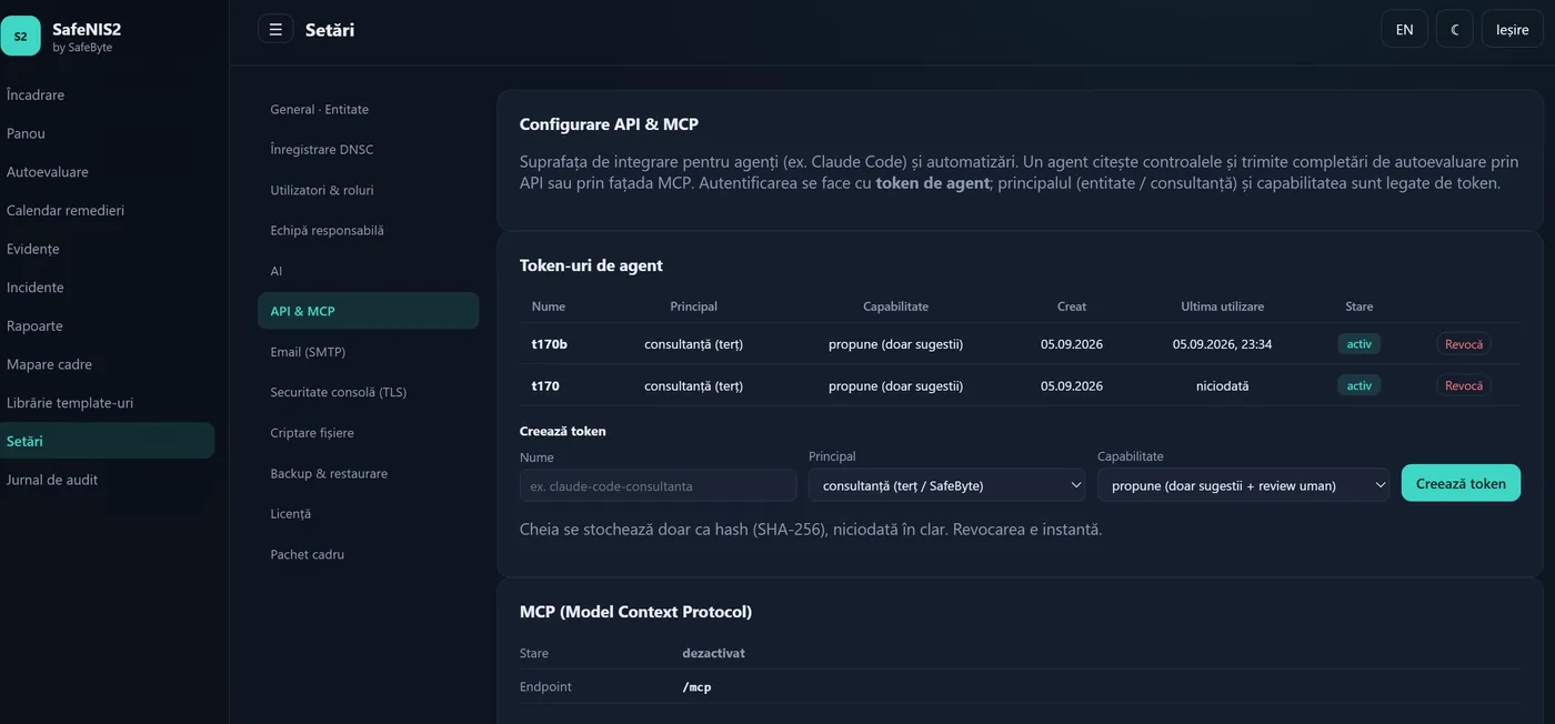 SafeNIS2 — API & MCP pentru agenți
