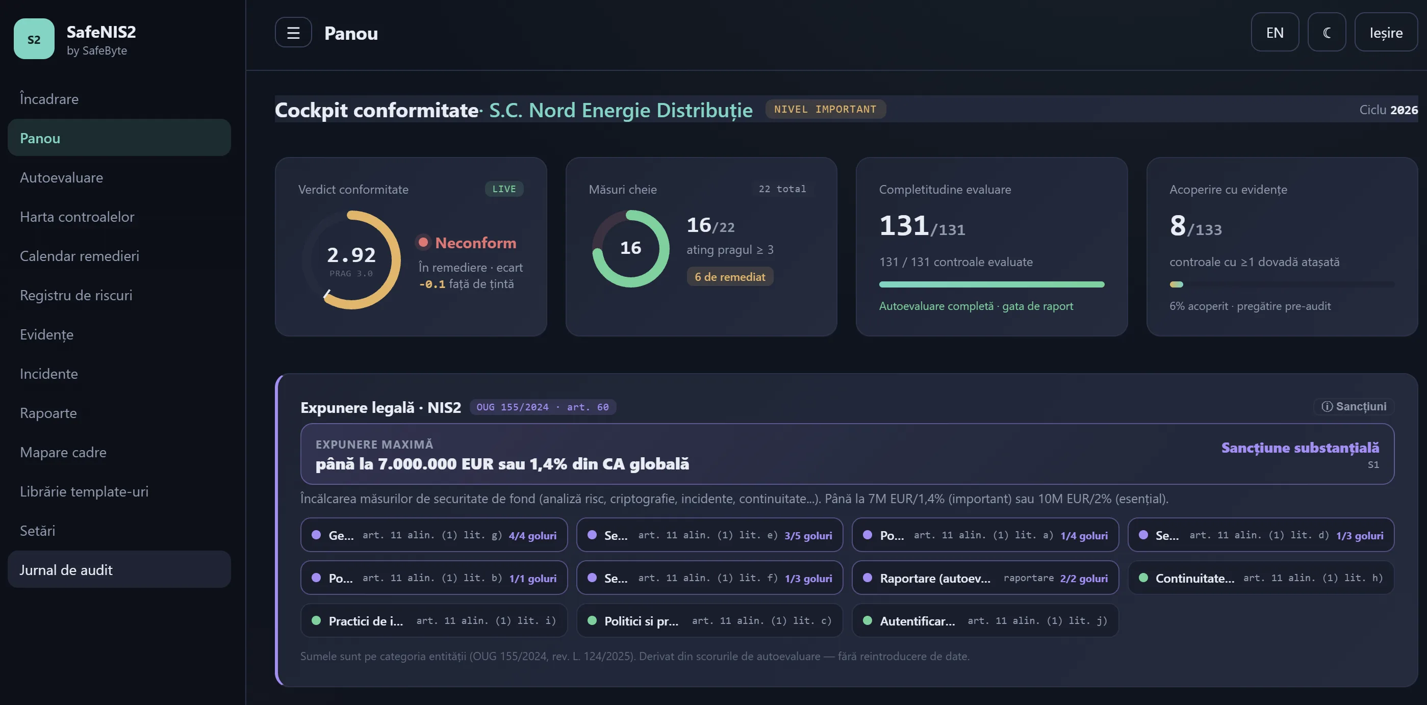 SafeNIS2 — Cockpit cu expunere legală